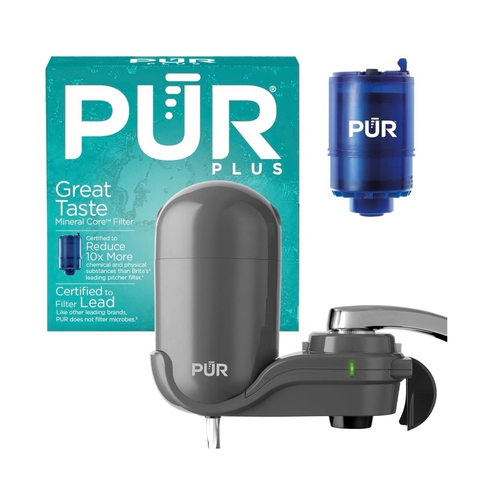 New PUR Plus Vertical Faucet-Mount Water Filtration System. Grey. 2 filters